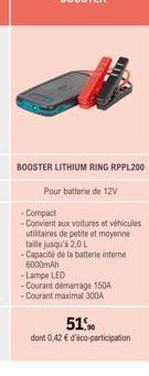 BOOSTER LITHIUM RING RPPL200  Pour batterie de 12V  -Compact -Convient aux voitures et véhicules utilitaires de petite et moyenne taille jusqu'à 2.0 L -Capacité de la batterie interne 6000mAh -Lampe L