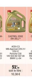 CASTROL EDGE 5W-30LL  ACEA C3 MB-Approval 229.31/ 229.51 Porsche C30 VW 504 00/507.00 BMW LL-04  51,90 soit le litre : 10,38 € 