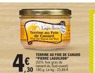4€  Terrine au Fole  de Canard  Ha  Lagu lhon/  € (50% foie gras de  canard du Sud-ouest) ,30 180 g. Le kg: 23,89 €  TERRINE AU FOIE DE CANARD "PIERRE LAGUILHON 