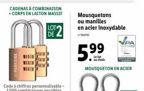 PARKSIDE  CADENAS À COMBINAISON + CORPS EN LAITON MASSIF  LOT DE  Code à chiffres personnalisable - 1000 combinaisons possibles  Mousquetons ou manilles  en acier inoxydable  PA  CERTIFIED  au chola  