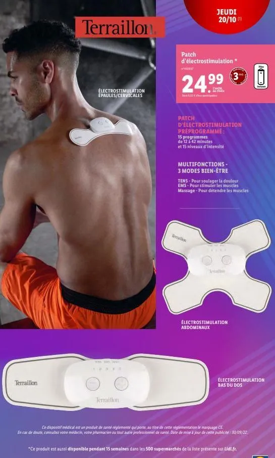 terraillon  terraillon  electrostimulation épaules/cervicales  tene the  terraillon  patch  jeudi  20/10 (1)  d'électrostimulation  24,⁹⁹  in chole  patch  3  d'électrostimulation préprogramme:  15 pr