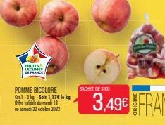 FRUITS LECUMES DE FRANCE  POMME BICOLORE Cat1-3kg Seit 1,17€ lokg Offre valable du mardi 18  au samedi 22 octubre 2022  SACHET DE 3 KG 