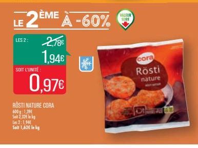 LES 2:  LE 2È  SOIT L'UNITÉ:  2,78€  1,94€  ÈME À -60%  0,97€  ROSTI NATURE CORA 600 g 1,39€ Soin 2,32€ le kg Les 2:1,94€ Soit 1,62€ le kg  VALEUR SURE  cora  Rösti  nature 