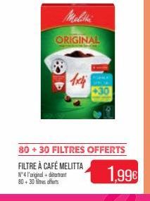 Meliha  ORIGINAL  Axi  80+30 FILTRES OFFERTS  FILTRE À CAFÉ MELITTA  N°4 l'original + détartrant 80+ 30 filmes offerts  1,99€ 
