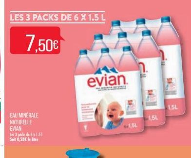 LES 3 PACKS DE 6 X 1.5 L  7,50€  evian.  1,5L  1,5L 