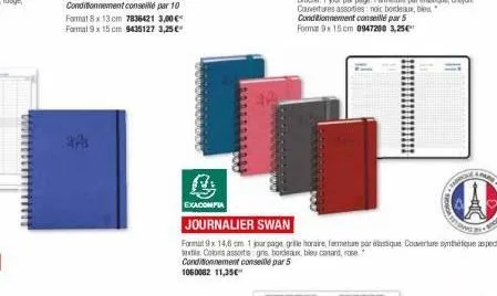 3  exacompia  fabrica  fronca  lapa  mmons  s  journalier swan  format 9x 14,6 cm 1 jour page grille horaire, fermeture par étique couverture synthétique aspect textile colors assots: gris, bordeaux, 