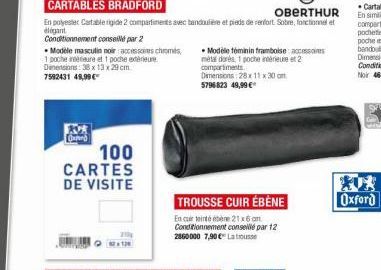 CARTABLES BRADFORD  OBERTHUR  En polyester Cartable rigide 2 compartiments avec bandoulière et pieds de renfort. Sobre, fonctionnel et élégant  Conditionnement conseillé par 2  Modele masculin noir ac