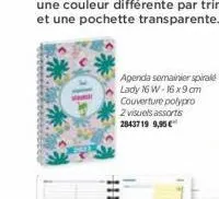 agenda semainier spirale lady 16 w-16x9 cm couverture polypro 2 visuels assorts  2843719 9,95€ 