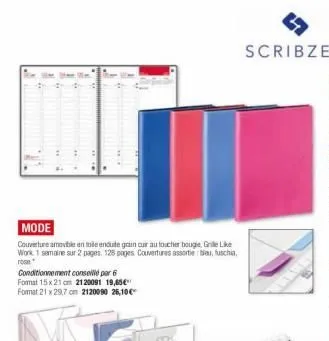 mode  couverture amovible en toe endute grain our au toucher bougie, grile like work 1 semaine sur 2 pages. 128 pages couvertures assortie: blau, fuschia rose  conditionnement conseillé par 6  format 