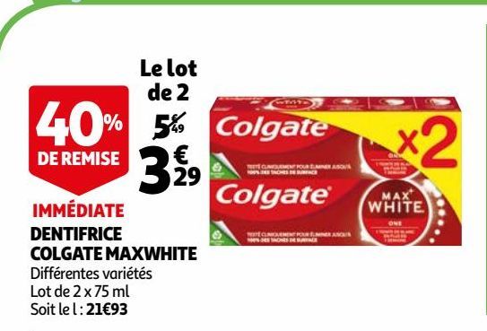 DENTIFRICE COLGATE MAXWHITE Le lot de 2