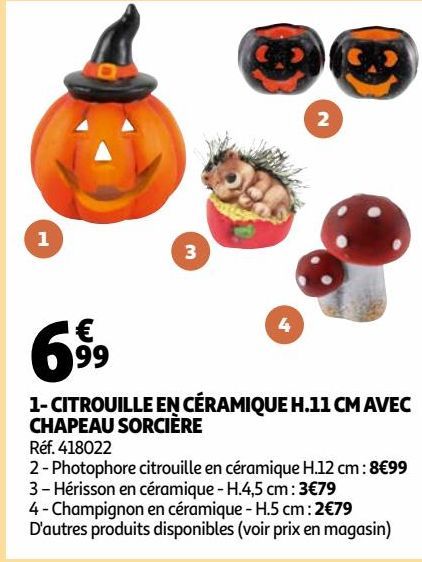 CITROUILLE EN CÉRAMIQUE H.11 CM AVEC CHAPEAU SORCIÈRE