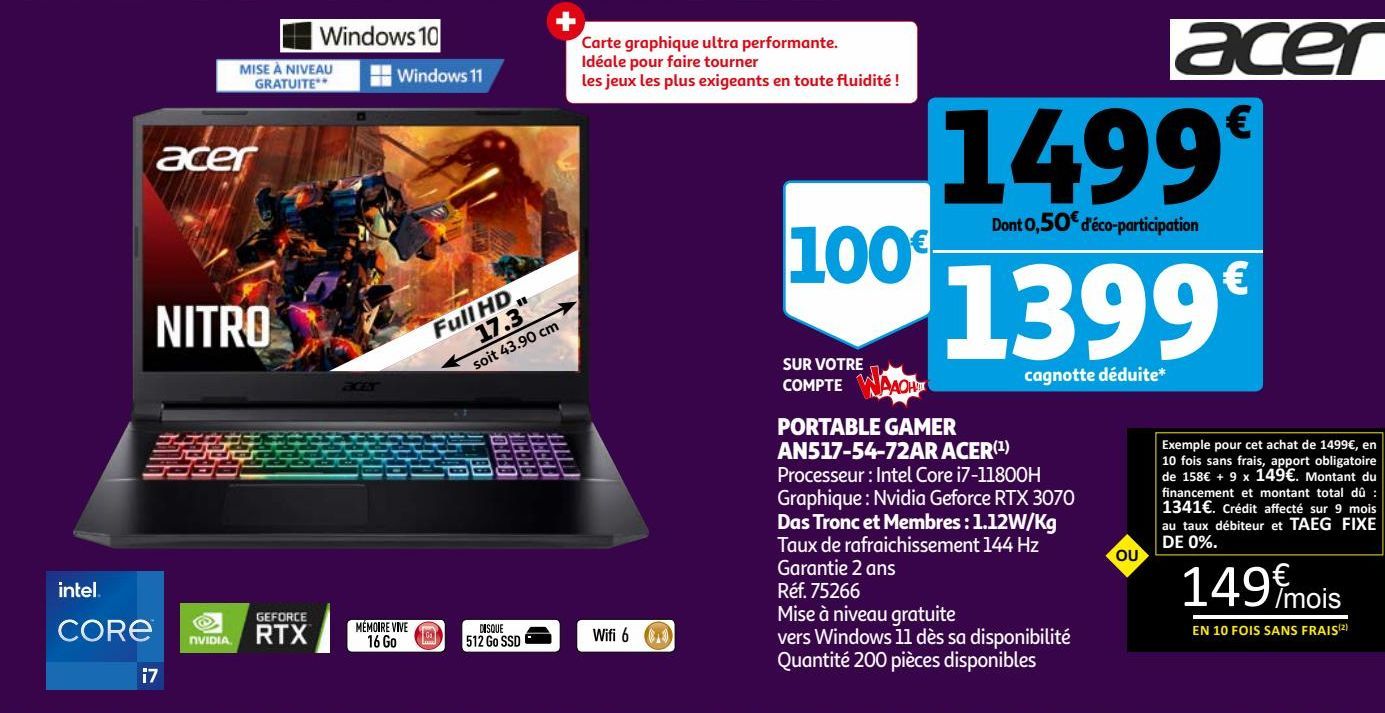 PORTABLE GAMER AN517-54-72AR ACER(1)- Das Tronc et Membres : 1.12W/Kg