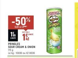 -50%  SUR LE 2  199  CUNITE  PRINGLES  SOUR CREAM & ONION  175 9  Le kg: 10€80 ou x2 8€06  SOIT PAR 2  PERFECT FLAVOURE  Pringles  SOUR  Consy  