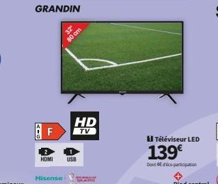 GRANDIN  F  HDMI  32"  80 cm  Hisense SPL  HD  TV  USB  Téléviseur LED  139€  Dont Edico-participation 