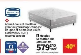 simmons  accueil doux et moelleux grâce au garnissage composé de laine et de mousse elivéa système no flip: ressorts sensoft  fabrique en  france  moelleux  matelas sensation hd 140x190 cm  579 €40  9