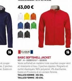 H  CLIQUE  BASIC SOFTSHELL JACKET REF:H-0209106 F-020915  Veste softshell en matière trois couches coupe-vent et résistante à l'eau 3 poches zippées. Poignets et ourlet élastiqués 96% polyester, 4% él