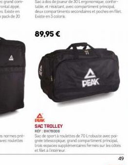 Sac à dos de joueur de 30 Lergonomique, confor table, et résistant, avec compartiment principal. deux compartiments secondaires et poches en filet Existe en 3 coloris  89,95 €  A PEAK  PEAK  SAC TROLL