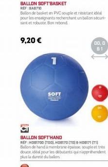 BALLON SOFT BASKET REF:BAB710  Ballon de basket en PVC souple et résistant idéal pour les enseignants recherchant un ballon sécuri sant et robuste. Bon rebond.  9,20 €  1  SOFT  RADIO  00,0 61  BALLON