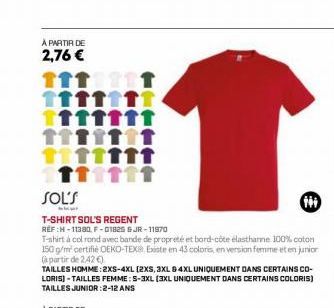 À PARTIR DE  2,76 €  SOL'S  T-SHIRT SOL'S REGENT  RÉF :H-11380 F-01825 & JR-11970  T-shirt à col rond avec bande de propreté et bord-côte élastharme 100% coton 150 g/m² certifié OEKO-TEX® Existe en 43