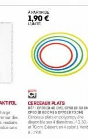 à partir de  1,90 €  l'unité  cerceaux plats réf : cp35 (840 cm), cp50 (8 50 cm), cp60 ( 60 cm) & cp70 (070 cm) cerceaux plats en polypropylene disponible sen 4 diamètres 40 50, 60 et 70 cm. existent 