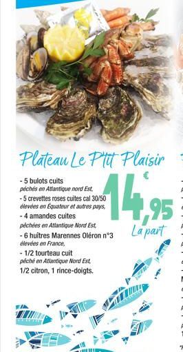 - 6 huîtres Marennes Oléron n°3 élevées en France,  - 1/2 tourteau cuit  péché en Atlantique Nord Est  1/2 citron, 1 rince-doigts. 