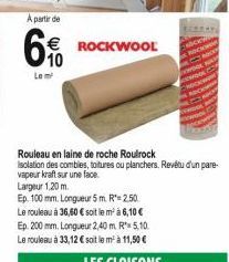 ROCKWOOL  Rouleau en laine de roche Roulrock Isolation des combles, toitures ou planchers. Revêtu d'un pare-vapeur kraft sur une face Largeur 1,20 m.  Ep. 100 mm. Longueur 5m. R 2.50  Le rouleau à 36,