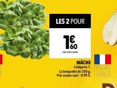 LES 2 POUR  1€  MACHE Catégorie 1. GINE  La barquette de 250 g.  Prix wendu seul :0.99 FRANCE 