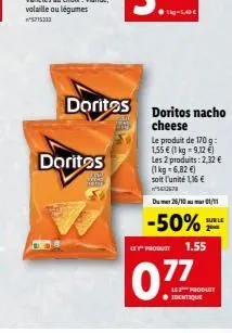 doritos  doritos  doritos nacho cheese  le produit de 170 g: 1,55 € (1 kg = 9,12 €)  les 2 produits: 2,32 €  (1 kg = 6,82 €) soit l'unité 116€ 067  du 26/10 01/11  sur le  -50%  le y product 1.55  077