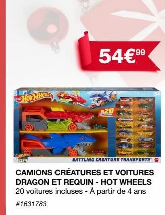 hot whee  battling creature transports  camions créatures et voitures dragon et requin - hot wheels 20 voitures incluses - à partir de 4 ans #1631783  54€ ⁹⁹9  20  