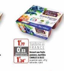 1.77 Transforme en  FRANCE  0.53  Cheries Alice  Sans Sucres  Myr  Dessert aux fruits  C  CARTEDE pommes, myrtilles  CHARLES & ALICE  1.24"  Le pack de 4 pots x 97 g  Soit leki: 4,56€ 