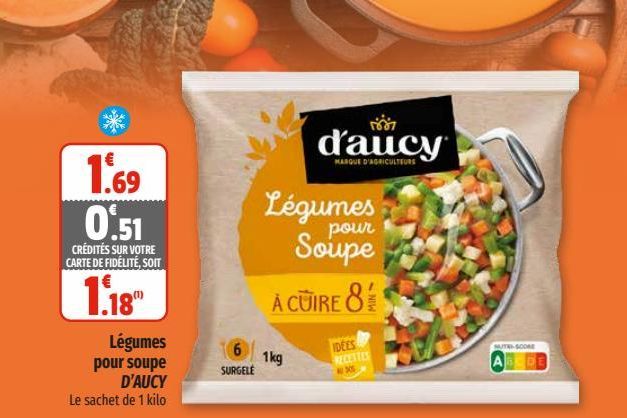 1.69 0.51  CRÉDITÉS SUR VOTRE CARTE DE FIDÉLITÉ, SOIT  1.18  Légumes pour soupe D'AUCY  Le sachet de 1 kilo  6  SURGELE  Légumes Soupe  pour  À CUIRE 81  1kg  d'aucy  MARQUE D'AGRICULTEURS  IDEES RECE