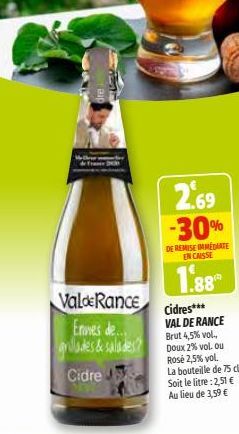 Valde Rance  Envies de... grades & salades?  Cidre  2.69 -30%  DE REMISE IMMEDIATE EN CAISSE  1,88  Cidres*** VAL DE RANCE Brut 4,5% vol., Doux 2% vol. ou Rosé 2,5% vol. La bouteille de 75 dl Soit le 