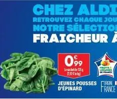 099  le sachet de 125g 17.32  chez aldi,  retrouvez chaque jour notre sélection fraicheur à  fruits legumes  jeunes pousses ren d'epinard  france 