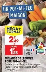 un pot-au-feu maison  méga+ format  249  1 s  125  france  mélange de légumes pour pot-au-feu  carotte, chou blanc, poireau, oignon jaune (40/60 mm), navet, thym. i catégorie 1.  sounes france 