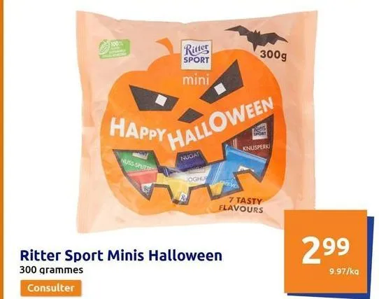 100%  nuss-spute  happy halloween  ritter sport minis halloween  300 grammes  consulter  ritter sport  mini  nugat  joghu  300g  agt sport knusperk  7 tasty flavours  2⁹9  9.97/ka  