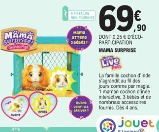 Mama Surprisen Guinea Piga  AVANT  6 PILES LAS NON FOURNIES  Mama atteno  3Bébés!  quano  VONT-ILS  ARRIVER?  69%0  ,90  DONT 0,25 € D'ÉCO-PARTICIPATION  MAMA SURPRISE  Umie  Live  La famille cochon d