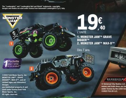 The "Lamborghini" and "Lamborghini Bull and Shield" trademarks, copyrights, designs and models are used under license from Automobili Lamborghini S.p.A. Italy.  MONSTER JAM  Pochette pour l'achat de c