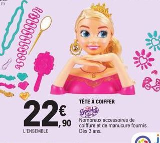 RAININGS  22€  ,90  L'ENSEMBLE  TÊTE À COIFFER Spand  Nombreux accessoires de coiffure et de manucure fournis. Dès 3 ans.  899 