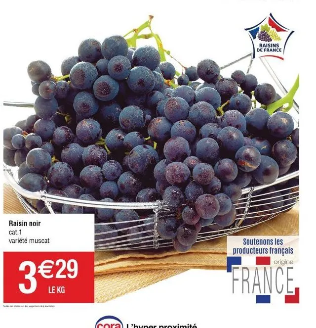 raisin noir cat.1 variété muscat  3€2⁹  le kg  y  raisins de france  soutenons les producteurs français origine  france. 