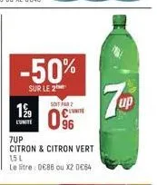 199  l'unite  -50%  sur le 2  soit par  96  7up  citron & citron vert  15 l  le litre : 0€88 ou x2 0664  7up 