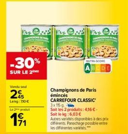 ENGERTE OMAN  -30%  SUR LE 2 ME  Vendu soul  25  Lekg: 210 €  Le 2 produit  19/₁1  DE  WERTE CHAMP  NUTRI-SCORE  ABCDE  Champignons de Paris émincés CARREFOUR CLASSIC 3x 115 g  Soit les 2 produits: 4,