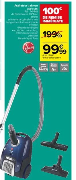 Aspirateur traineau  avec sac REL TXSIPAR  La Performance 4 TOP Eco garant  une aspiration optimale sur tous les types de sols et une économie d'énergie Poignée de transport -Accessoires suceur long. 