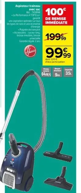 aspirateur traineau  avec sac rel txsipar  la performance 4 top eco garant  une aspiration optimale sur tous les types de sols et une économie d'énergie poignée de transport -accessoires suceur long. 