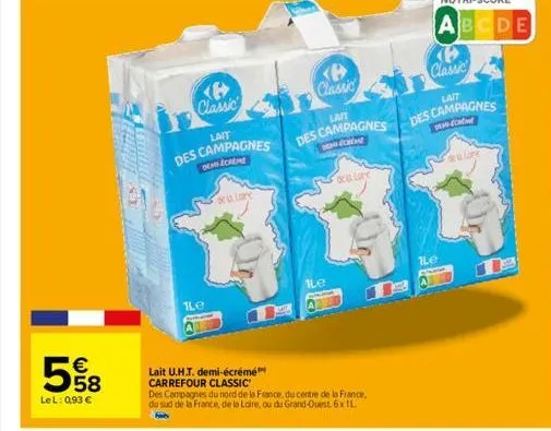 €  5%b  lel: 0,93 €  classic  lait  des campagnes  deng-ecreme  le  de lare  b classic  lait  des campagnes  sensorent  1le  lait u.h.t. demi-écrémé carrefour classic  des compagnes du nord de la fran