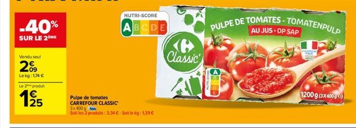 -40%  SUR LE 2 ME  Vendu seul  2%  Le kg: 1,74 €  Le 2  produit  1/25  Pulpe de tomates CARREFOUR CLASSIC 3x 400 g  Soit les 2 produits: 3,34 € - Soit le kg: 1,39 €  NUTRI-SCORE  ABCDE  <B> Classic  P