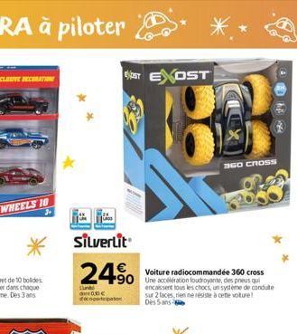 EST EXOST  is  Silverlit  24%  Voiture radiocommandée 360 cross  90 Une acceleration foudroyante, des pneus qui  encaissent tous les chocs, un système de conduite sur 2 faces, rien ne résiste à cette 