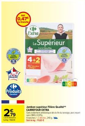 A QUALITE  Produits  Carrefour  2,⁹9  Les 6 branches Lekg: 11,63€  SOFT  0,47€ La tranche  Extra  Le Supérieur  Cut à tou  4+2  4 tranches 2 offertes, 240 g. Soit le kg: 11,63 €  Jambon supérieur Fili