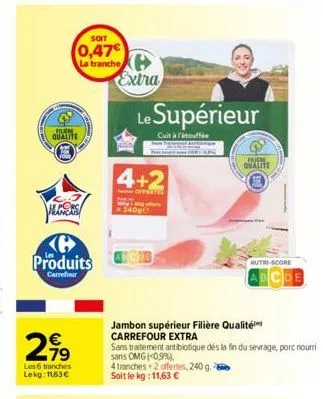 filem qualite  ke produits  carrefour  2.99  €  les 6 tranches lekg: 11,63 €  soit  0,47€ la tranche  extra  4+2  offerte  240g  supérieur  cuit à étouffé  4 tranches 2 offertes, 240 g.  soit le kg: 1