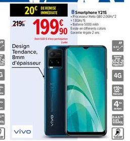 20€  IMMEDIATE  219% 199⁹  Design Tendance, 8mm d'épaisseur  vivo  vivo  90 Garantie gale 2 ans  Smartphone Y215 Processeur Hello 680 2062 +1.8GH - Batterie 5000 mAh Existe en différents colors  A  50