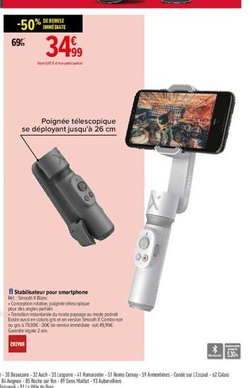 -50% IMMEDIATE  69% 34.99  Don  Poignée télescopique  se déployant jusqu'à 26 cm  8 Stabilisateur pour smartphone Re: Smooth X Blanc  Conception rotative, poignée télescopique pour des angles perfas  